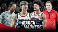 Arizona G Brayden Burries, head coach Tommy Lloyd on one side with stoic expressions Florida F Thomas Haugh, HC Todd Golden celebrating on the other side March Madness logo in front