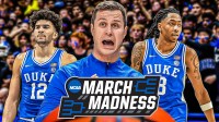 Duke's Cameron Boozer, Isaiah Evans and Jon Scheyer March Madness logo in front