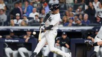 New York Yankees outfielder Cody Bellinger (35) hits a double in the sixth inning against the Toronto Blue Jays during game three of the ALDS round for the 2025 MLB playoffs at Yankee Stadium.
