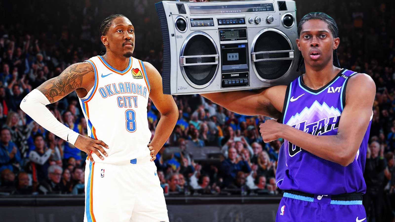 Cody Williams (Utah Jazz) and Jalen Williams (Oklahoma City Thunder) with a boombox