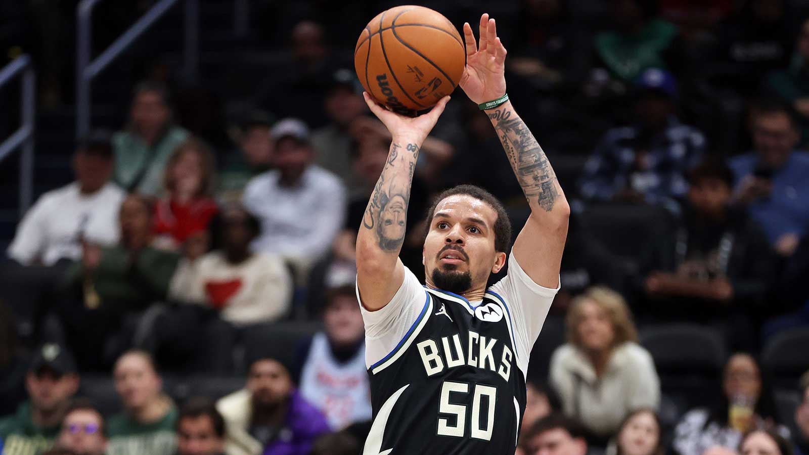 Milwaukee Bucks guard Cole Anthony (50) takes a shot during the first half against the Washington Wizards at Capital One Arena.