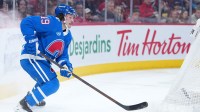 Colorado Avalanche defenseman Samuel Girard (49) plays the puck against the Montreal Canadiens during the first period at the Bell Centre.