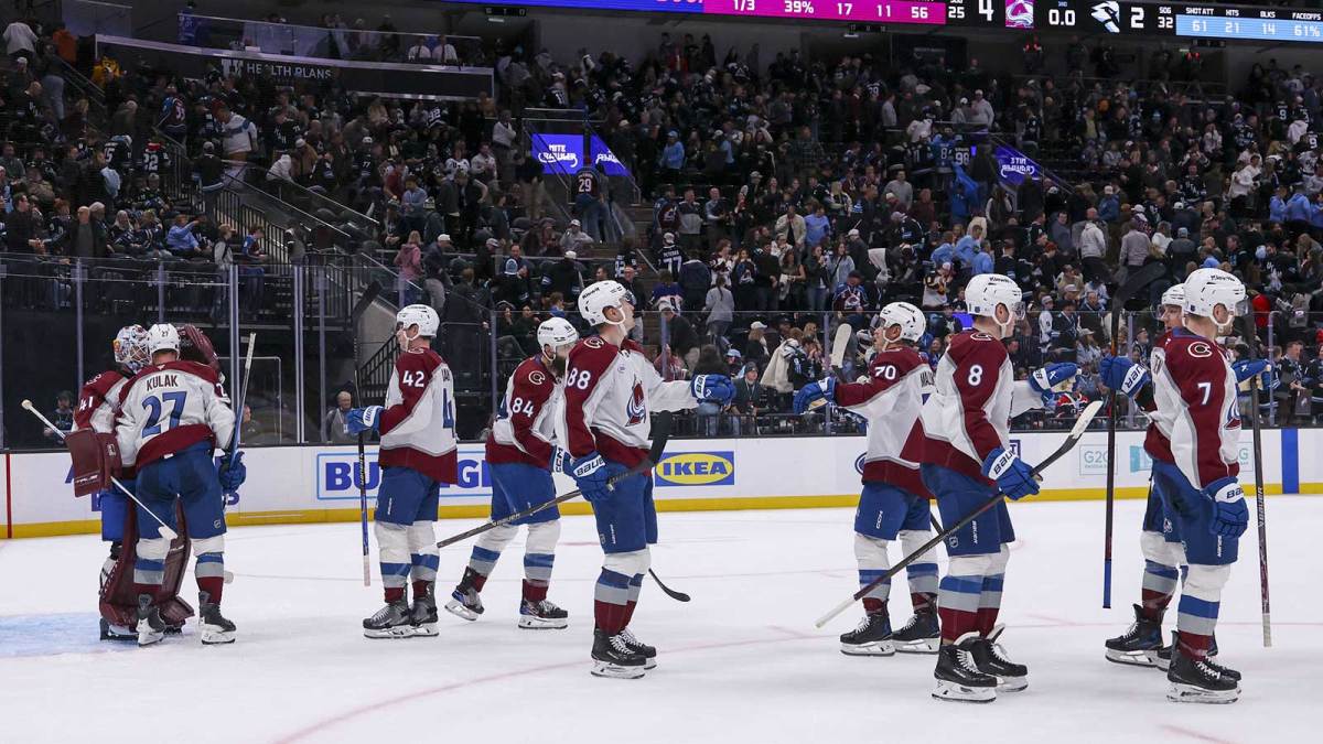 The Colorado Avalanche celebrate a win over the Utah Mammoth after the game at Delta Center.
