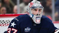 Team USA goalie Connor Hellebuyck (37) tracks the play against Team Finland in the second period during a 4 Nations Face-Off ice hockey game at Bell Centre.