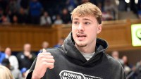 Former Duke Blue Devils player Cooper Flagg looks on during the first half against the Clemson Tigers at Cameron Indoor Stadium.