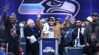 Seattle Seahawks wide receiver Cooper Kupp speaks during the Super Bowl LX trophy celebration at Lumen Field. Mandatory Credit: Kirby Lee-Imagn Images