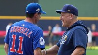 Chicago Cubs manager Craig Counsell (11) and Milwaukee Brewers manager Pat Murphy (49) shake hands before the National League Division Series game on Saturday October 4, 2025 at American Family Field in Milwaukee, Wisconsin.