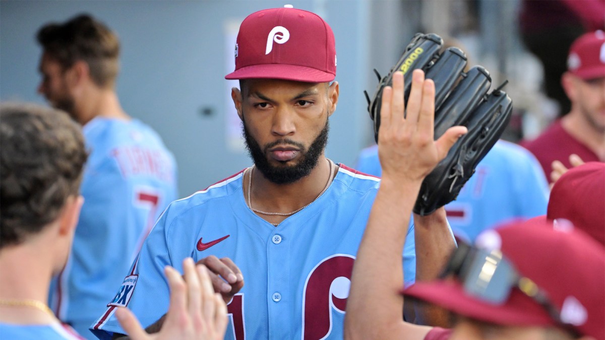 Philadelphia Phillies pitcher Cristopher Sanchez (61) reacts after the sixth inning against the Los Angeles Dodgers during game four of the NLDS round for the 2025 MLB playoffs at Dodger Stadium.