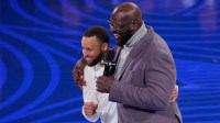 Shaqís OGs guard Stephen Curry (30) of the Golden State Warriors with general manager Shaquille OíNeal during the 2025 NBA All Star Game at Chase Center.