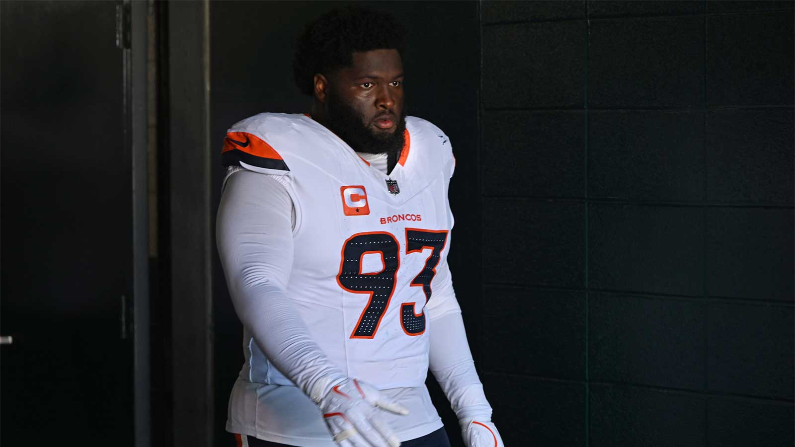 Denver Broncos defensive tackle DJ Jones (93) tackles in the tunnel before the game against the Philadelphia Eagles at Lincoln Financial Field.