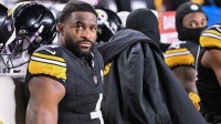 Pittsburgh Steelers wide receiver Dk Metcalf (4) sits on the bench in the fourth quarter of an AFC Wild Card Round loss to the Houston Texans at Acrisure Stadium.