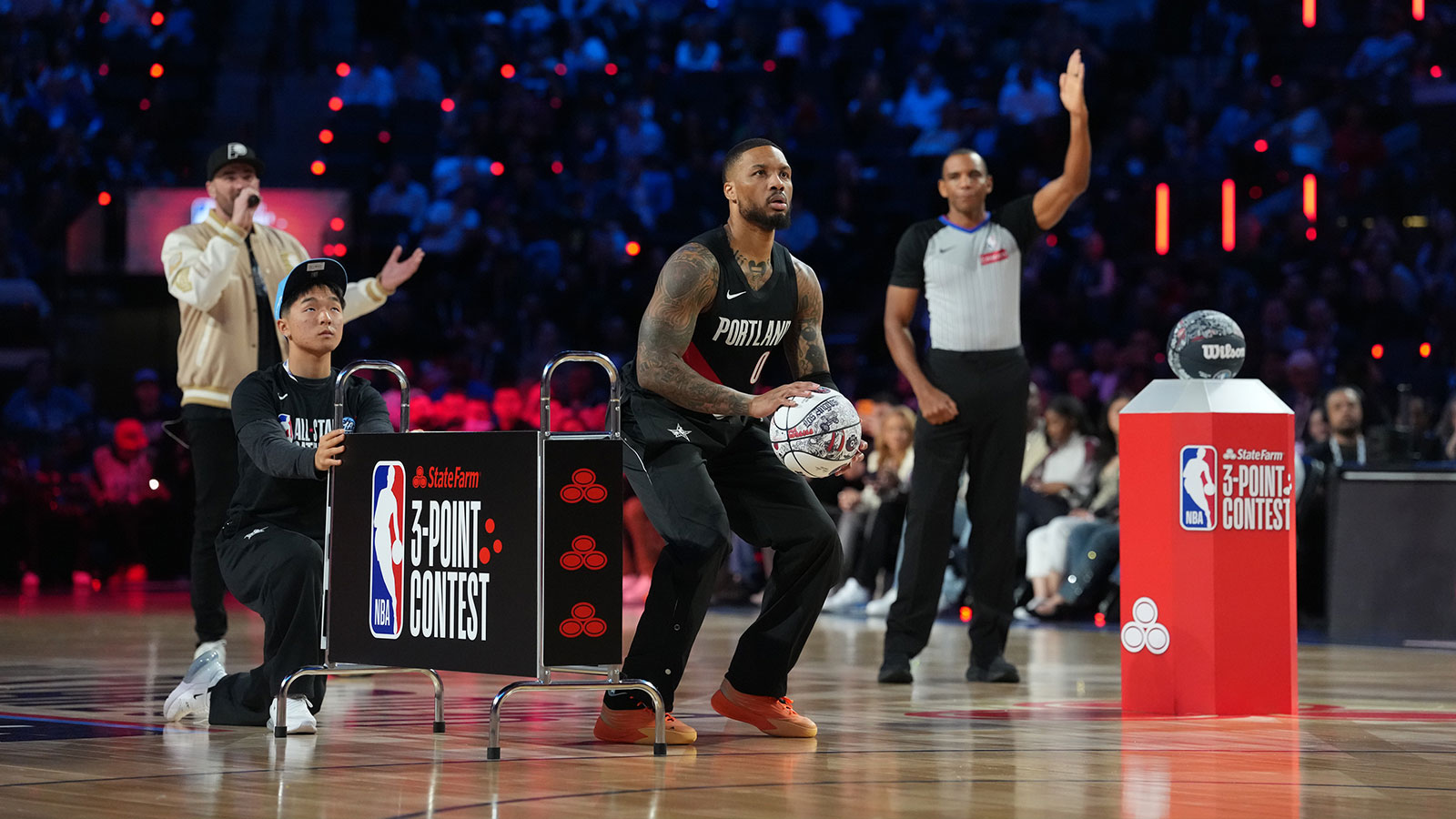 Portland Trail Blazers guard Damian Lillard (0) competes in the three point contest during the 2026 NBA All Star Saturday Night at Intuit Dome. 
