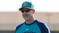 Seattle Mariners manager Dan Wilson (6) looks on during a Spring Training workout at Peoria Sports Complex.