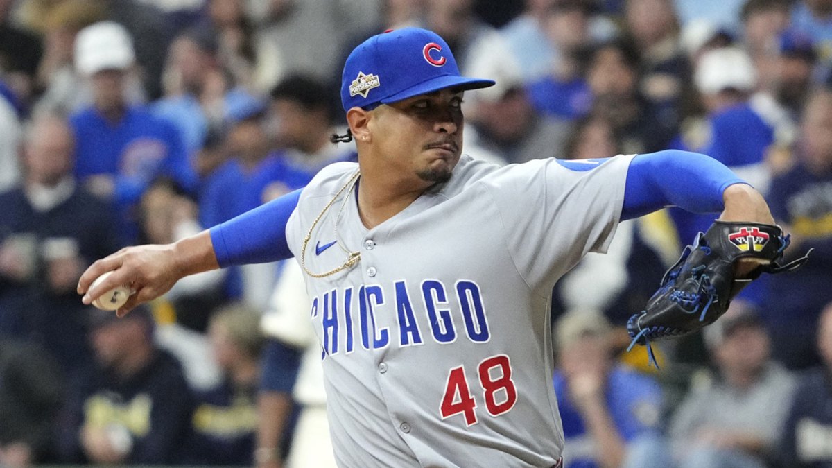 Chicago Cubs pitcher Daniel Palencia (48) pitches against the Milwaukee Brewers in the fifth inning during game five of the NLDS round for the 2025 MLB playoffs at American Family Field.