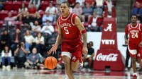 Arkansas Razorback guard Darius Acuff Jr. (5) dribbles a fast break during the first half against the Alabama Crimson Tide at Coleman Coliseum.