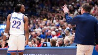 Kansas Jayhawks head coach Bill Self gestures to guard Darryn Peterson (22) against the Cincinnati Bearcats during the second half of the game at Allen Fieldhouse.