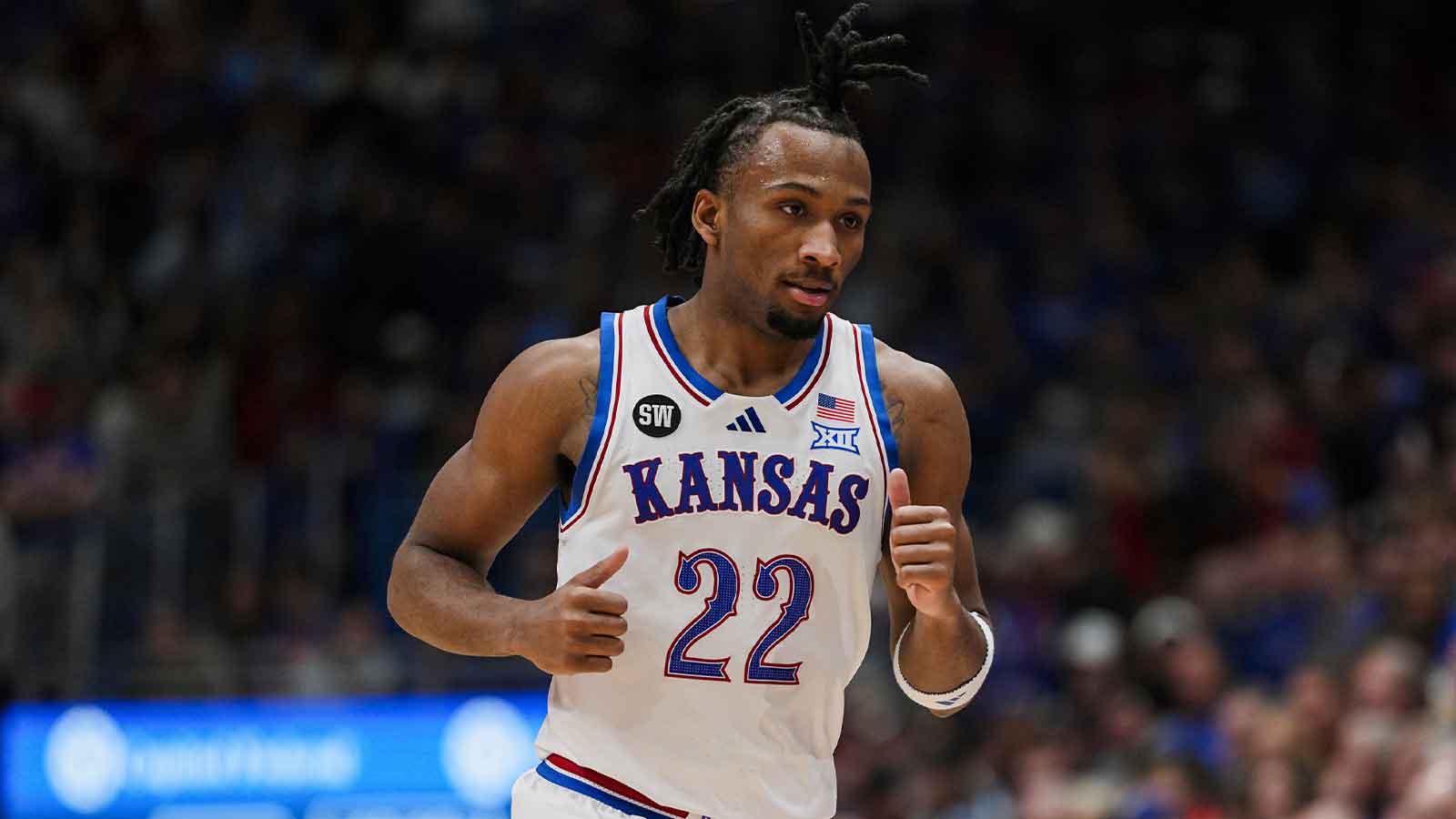 Kansas Jayhawks guard Darryn Peterson (22) reacts during the second half against the Iowa State Cyclones at Allen Fieldhouse.