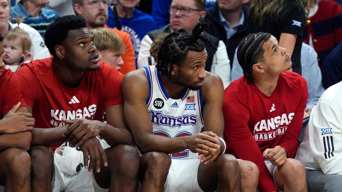Kansas Jayhawks guard Darryn Peterson (22) sits on th bench in the second half of a men's college basketball game between the Oklahoma State Cowboys and the Kansas Jayhawks at Gallagher-Iba Arena in Stillwater, Okla., Wednesday, Feb. 18, 2026.