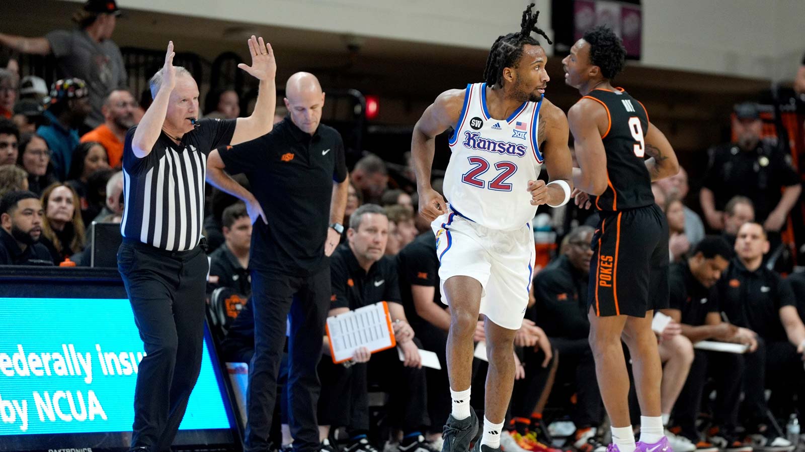 Kansas Jayhawks guard Darryn Peterson (22) runs after making a 3-pointer during a men's college basketball game between the Oklahoma State Cowboys and the Kansas Jayhawks at Gallagher-Iba Arena in Stillwater, Okla., Wednesday, Feb. 18, 2026.