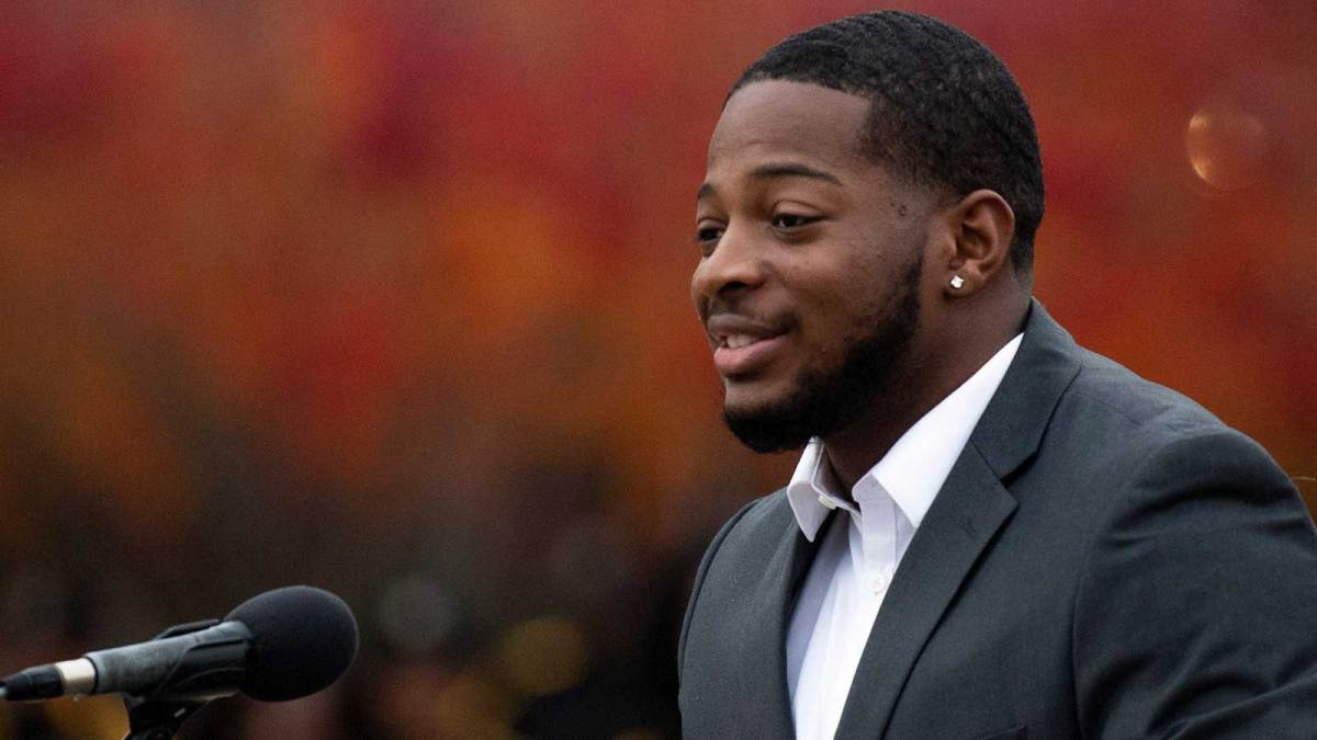 SGA President Davids Whitlow speaks during the Alabama State University Christmas Tree Lighting Ceremony on the ASU campus in Montgomery, Ala., on Tuesday, November 26, 2019. Asu10