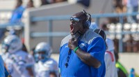 Southern University head coach Dawson Odums shouts directions to his team during play against longtime rival Jackson State University in a nonconference game at Veterans Memorial Stadium in Jackson, Miss., Saturday, April 3, 2021. Jackosn State Sourthen University