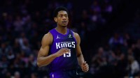Sacramento Kings forward De'andre Hunter (15) reacts after scoring during the first quarter against the Los Angeles Clippers at Golden 1 Center.