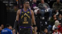 Los Angeles Lakers center Deandre Ayton (5) wears protective glasses in the game against the Los Angeles Clippers at Intuit Dome.