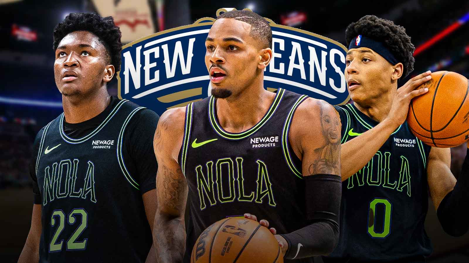 Dejounte Murray, Derik Queen, Jeremiah Fears, Pelicans logo