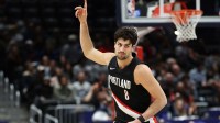 Portland Trail Blazers forward Deni Avdija (8) celebrates during the second half against the Washington Wizards at Capital One Arena. Mandatory Credit: Daniel Kucin Jr.-Imagn Images