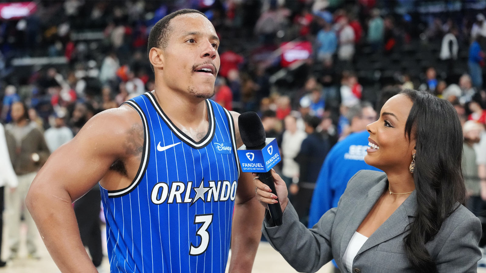 Orlando Magic guard Desmond Bane (3) is interviewed by FanDuel Sports Network reporter Kendra Douglas after the game against the LA Clippers at Intuit Dome.