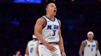 Orlando Magic guard Desmond Bane (3) reacts after scoring a three point basket against the Los Angeles Lakers during the second half at Crypto.com Arena.