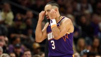 Phoenix Suns forward Dillon Brooks (3) reacts against the Cleveland Cavaliers at Mortgage Matchup Center.