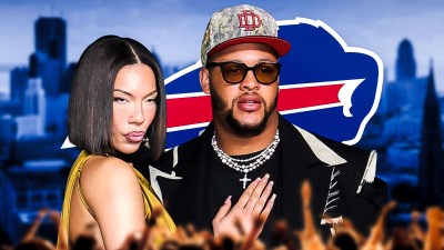 Dion Dawkins with fiancee Daiyaana Muhammad; Bills logo