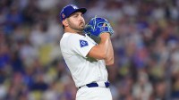 Aug 15, 2025; Los Angeles, California, USA; Los Angeles Dodgers pitcher Alex Vesia (51) reacts during the eighth inning at Dodger Stadium. Mandatory Credit: Gary A. Vasquez-Imagn Images