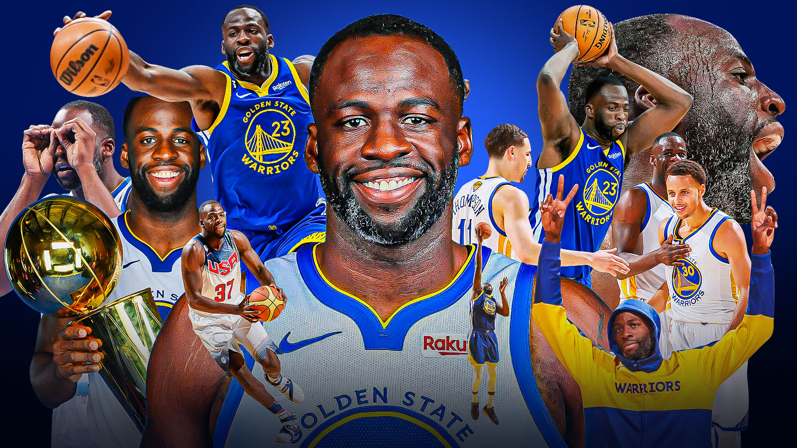 Draymond Green with memories of his best moments with the Warriors in the background behind him (ie. him winning a championship, him jumping high to block a shot, him celebrating with Steph Curry and Klay Thompson, him doing his flexing celebration)