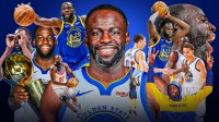 Draymond Green with memories of his best moments with the Warriors in the background behind him (ie. him winning a championship, him jumping high to block a shot, him celebrating with Steph Curry and Klay Thompson, him doing his flexing celebration)