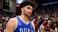 Duke Blue Devils forward Cameron Boozer (12) looks on after the game against the Stanford Cardinal at Maples Pavilion.