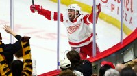 Detroit Red Wings center Dylan Larkin (71) celebrates after scoring in overtime against the Ottawa Senators at Canadian Tire Centre.