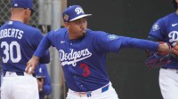 Los Angeles Dodgers pitcher Edwin Diaz (3) throws in the bullpen during spring training camp.