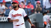 Cleveland Guardians relief pitcher Emmanuel Clase (48) reacts after giving up a run on a wild pitch during the ninth inning against the Detroit Tigers at Progressive Field.