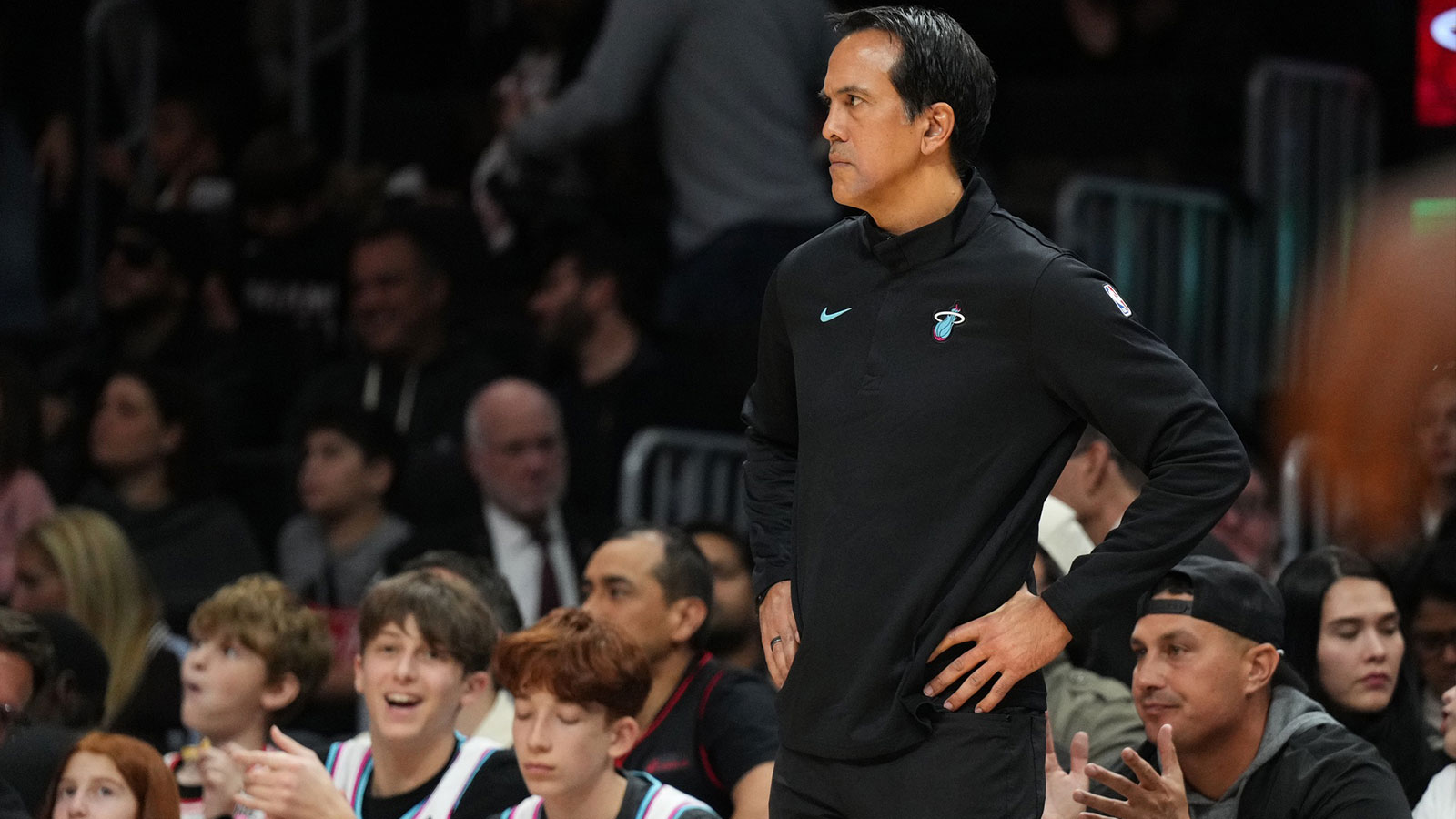 Miami Heat head coach Erik Spoelstra looks on during the second half against the Chicago Bulls at Kaseya Center.
