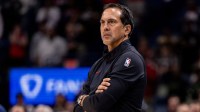 Miami Heat Head Coach Erik Spoelstra looks on against the New Orleans Pelicans during the first half at Smoothie King Center.