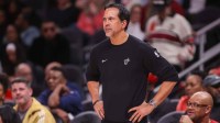 Miami Heat head coach Erik Spoelstra on the sideline against the Atlanta Hawks in the third quarter at State Farm Arena.