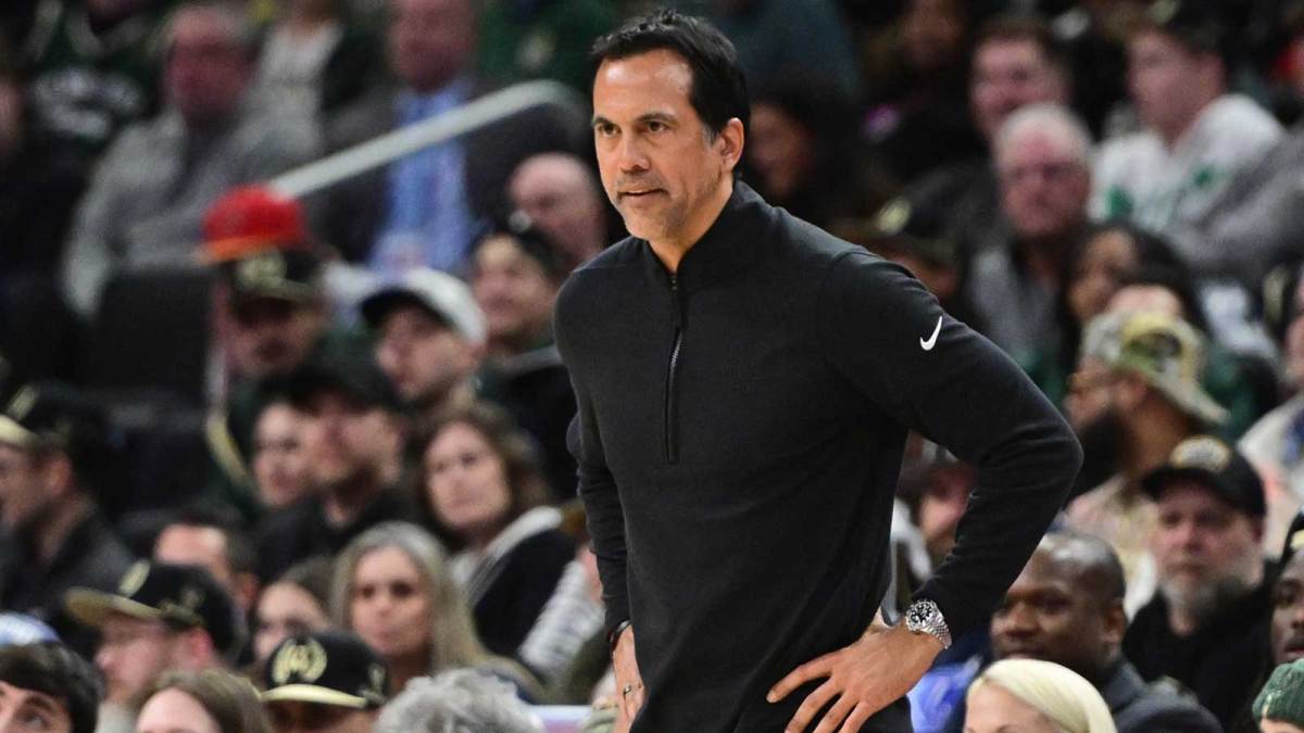 Miami Heat head coach Erik Spoelstra looks on in the third quarter against the Milwaukee Bucks at Fiserv Forum.