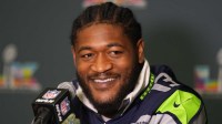 Seattle Seahawks linebacker Ernest Jones IV (13) talks to media members at the San Jose Marriott.