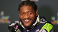 Seattle Seahawks linebacker Ernest Jones IV (13) talks to media members at the San Jose Marriott. Mandatory Credit: Darren Yamashita-Imagn Images
