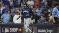 Seattle Mariners third baseman Eugenio Suarez (28) reacts to being called out on strikes in the eighth inning against the Toronto Blue Jays during game seven of the ALCS round for the 2025 MLB playoffs at Rogers Centre.