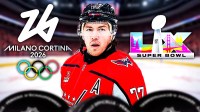TJ Oshie in middle in a Washington Capitals jersey LOOKING HAPPY (home red jersey please), 2026 Winter Olympics logo on one side and Super Bowl 60 logo on other side, hockey rink in background