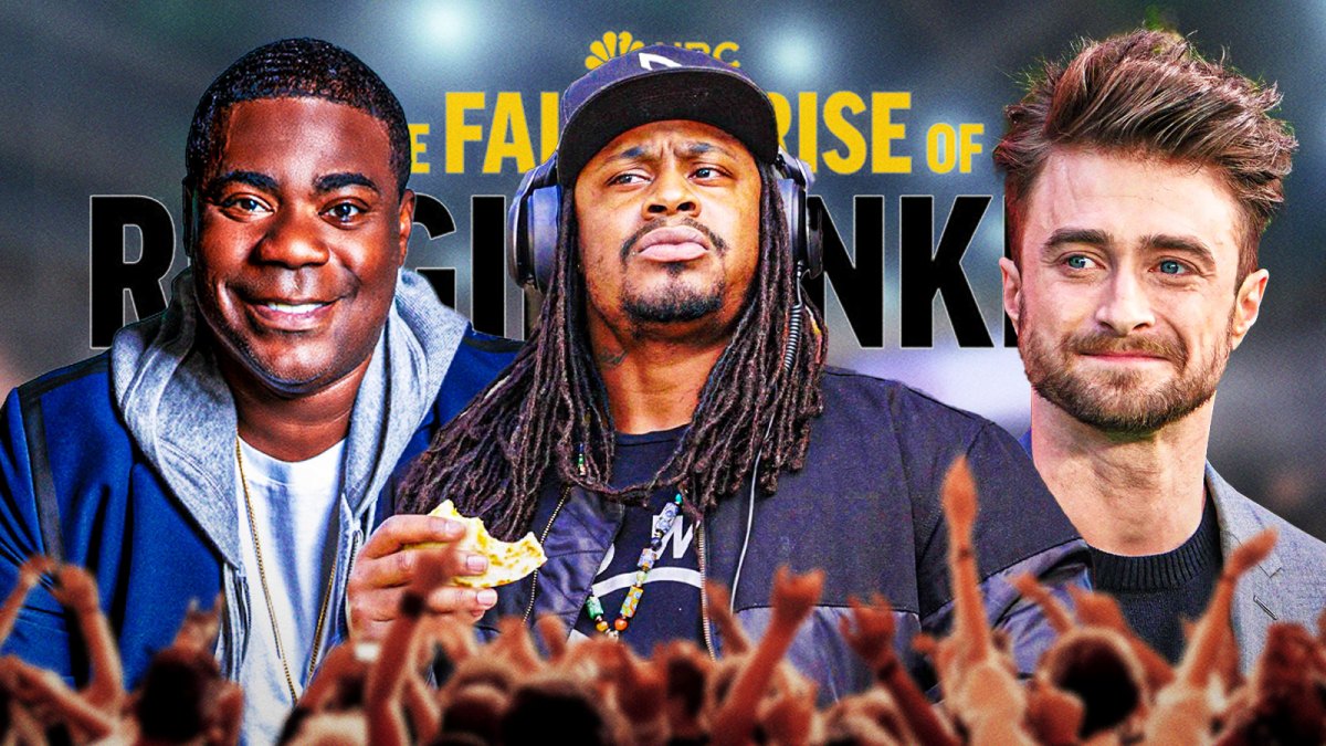 The Fall and Rise of Reggie Dinkins logo with stars Tracy Morgan and Daniel Radcliffe with Marshawn Lynch in the middle.
