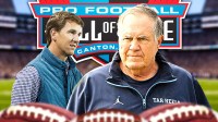 Eli Manning and Bill Belichick in image, Pro Football Hall of Fame logo, football field in background